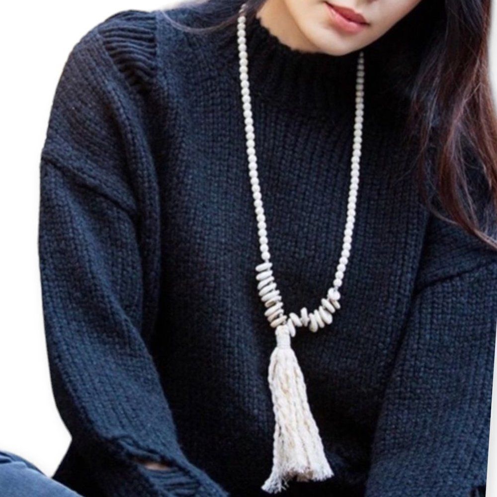 Natural Stone Agate Beads Seashells Long Tassel Statement Necklace NEW
